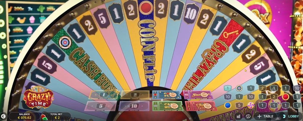 Interfaz de apuestas de Crazy Time - Rueda con 54 segmentos mostrando números 1, 2, 5, 10 y bonificaciones Coin Flip, Cash Hunt, Pachinko, Crazy Time
